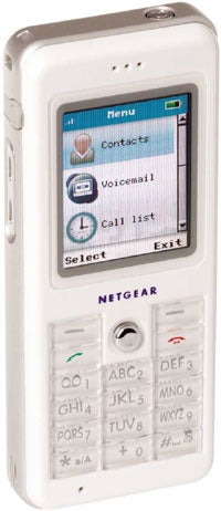 Netgear SPH101 Skype Phone with a color screen displaying menu options including Contacts, Voicemail, and Call list. The white handset has a numeric keypad, navigation buttons, and the Netgear logo at the bottom.