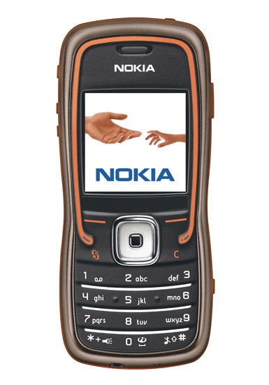 Nokia 5500 Sport mobile phone with a dust and splash resistant keypad and screen displaying the Nokia logo, featuring a sturdy design with orange accents.