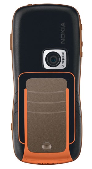 Nokia 5500 Sport mobile phone featuring a durable black and orange design, a 2-megapixel camera, and a front panel with texturized brown grip.
