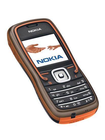 Nokia 5500 Sport mobile phone with orange and black color scheme, showing front view with display screen and keypad.