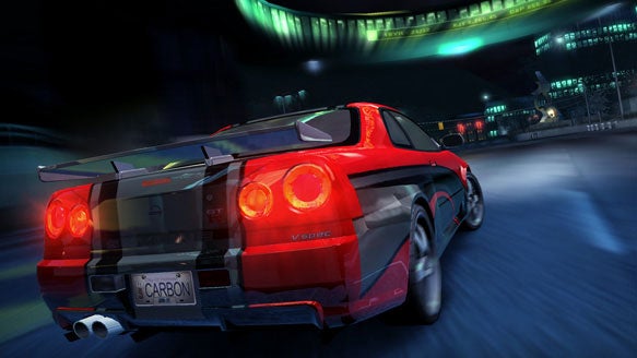 Red and black sports car racing at high speed with motion blur effect from the video game Need for Speed: Carbon.