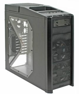 Black Antec Nine Hundred Ultimate Gaming Case with clear side panel, front mesh design for cooling, and multiple external drive bays visible.