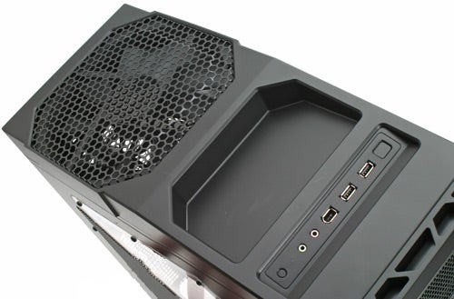 Close-up of the top section of an Antec Nine Hundred Ultimate Gaming Case showing a large cooling fan, drive bays, and front access ports for audio and USB.