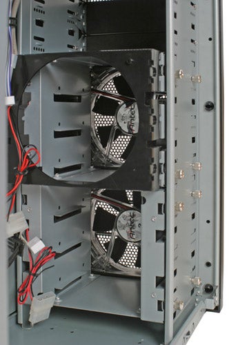 Interior view of Antec Nine Hundred Ultimate Gaming Case showing two large black cooling fans and cable management.