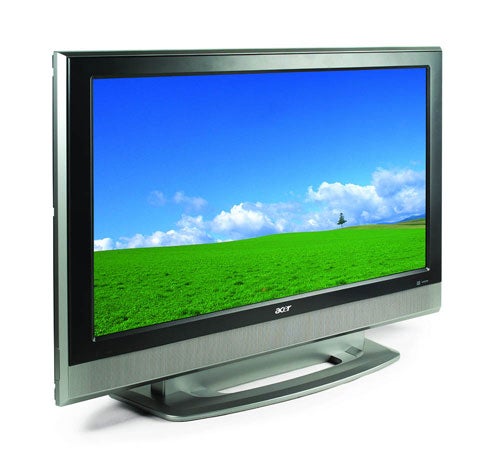 Acer AT3720 37-inch LCD TV displayed with a vibrant image of a green field and a clear blue sky on the screen, featuring a silver bezel and stand.