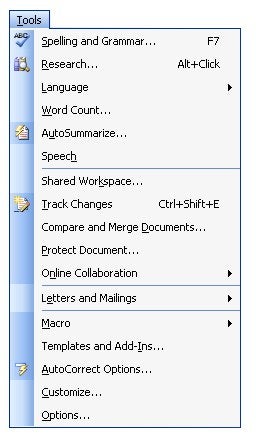 Screenshot of a software application's dropdown menu displaying various tools and functions like Spelling and Grammar, Research, Language, and Track Changes, indicating options for office productivity tasks.