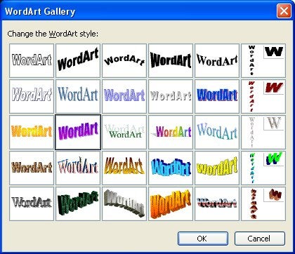 Screenshot of the WordArt Gallery dialog box with options to change the WordArt style in a Microsoft Office application.