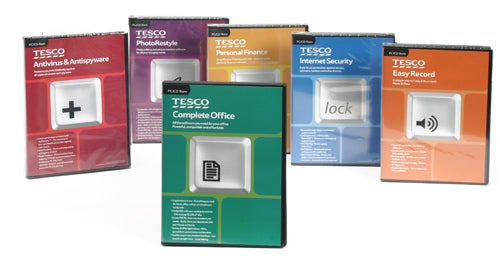Tesco Complete Office software package displayed with other Tesco software products, including Antivirus, Photorestore, Personal Finance, Internet Security, and Easy Record, each in individual packaging.