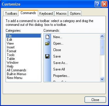 Screenshot of the Customize dialog box in a software application, showing options for toolbars, commands, keyboard, and macros with the File category selected and commands for New, Open, Close, Save, Save As, and Properties displayed.