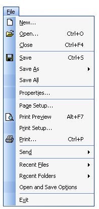 Screenshot of a software program's 'File' menu with options such as New, Open, Close, Save, and Print.