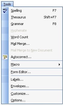 Screenshot of the 'Tools' menu in a word processing software showing options such as Spelling, Thesaurus, Grammar, and Mail Merge.