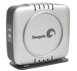 A Seagate 500GB eSATA external hard disk standing upright on a flat surface with a silver and black design and the Seagate logo on the front.