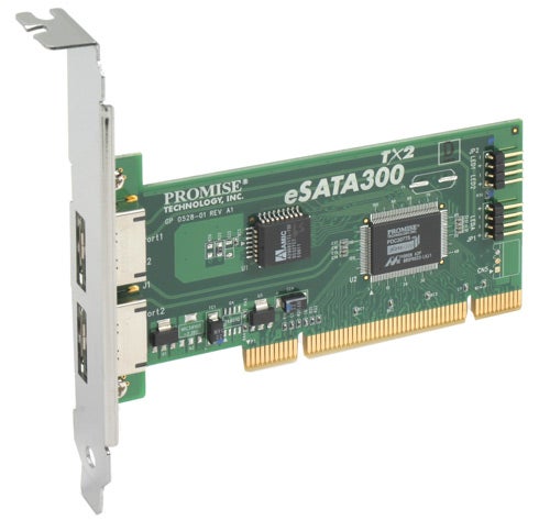 A Promise Technology eSATA 300 TX2 Plus PCI card with two external SATA ports for connecting external hard drives.
