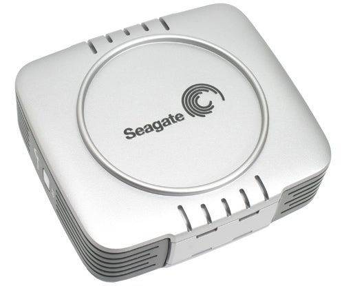 Seagate 500GB eSATA external hard disk with silver casing and company logo on the top center.