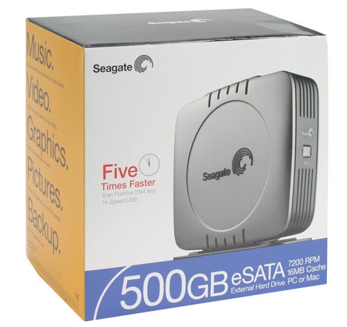 Seagate 500GB eSATA External Hard Drive packaging box with product image and specifications stating compatibility with PC or Mac, 7200 RPM, and 16MB Cache.