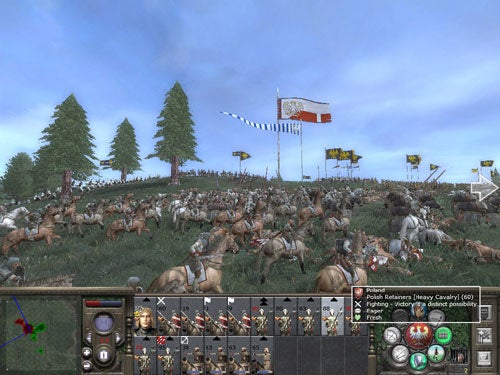 A screenshot from the video game Medieval 2: Total War depicting a battle scene with numerous cavalry units engaged in combat, interface elements showing unit status, and a battle minimap in the bottom left corner.