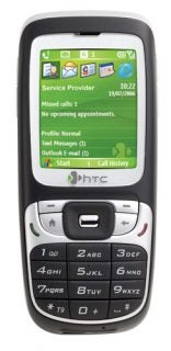 HTC S310 Windows Mobile Smartphone displayed vertically with screen showing the date, missed calls, text messages, email notification, and the start menu, against a white background.