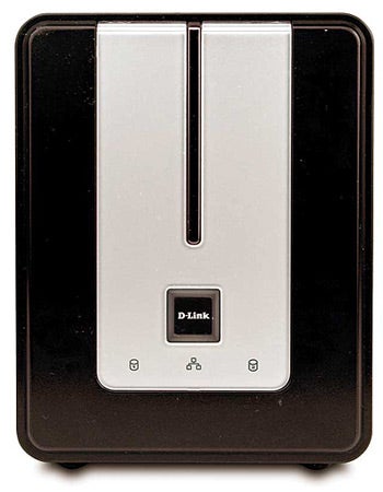 Front view of a D-Link DNS-323 2-Bay Network Attached Storage device, showing its black casing with a silver front panel, D-Link logo, power button, and indicator lights.