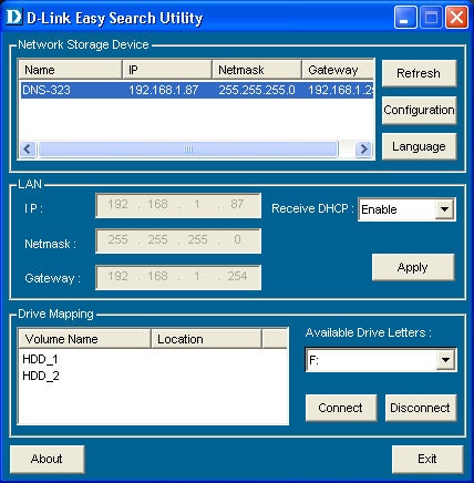 Screenshot of the D-Link Easy Search Utility interface showing the configuration settings for a DNS-323 network storage device.