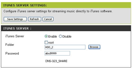 Screenshot of D-Link DNS-323 network storage device's iTunes Server settings interface with options to enable the server, select a folder, and set a password.