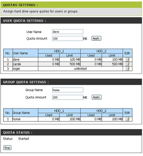 Screenshot of the D-Link DNS 323 web interface for managing user and group quota settings, displaying fields for quota amounts and limits on two hard drives.