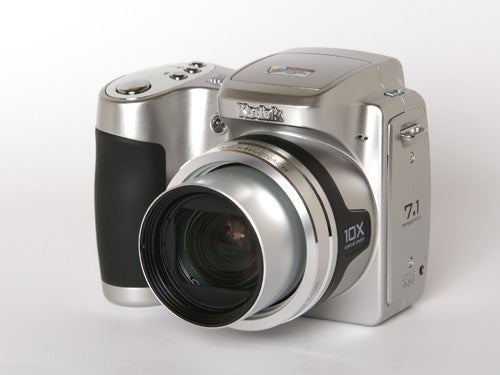 Kodak EasyShare Z710 camera with silver body and black grip, featuring a 7.1-megapixel label and an extended zoom lens.