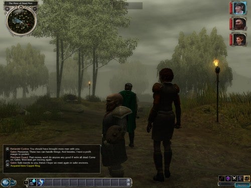 Screenshot from Neverwinter Nights 2 showing player-character and companions in a misty swamp environment with game user interface visible.