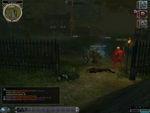 A screenshot of gameplay from Neverwinter Nights 2 showing a player character engaged in combat with a goblin-like creature within a dimly lit, graveyard setting. The heads-up display (HUD) includes a minimap, character portraits, and text combat log at the bottom of the screen.