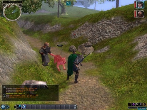 Screenshot from the role-playing video game Neverwinter Nights 2 showing three characters on a grassy path with gameplay user interface elements visible, including health bars, a mini-map, and dialogue options.