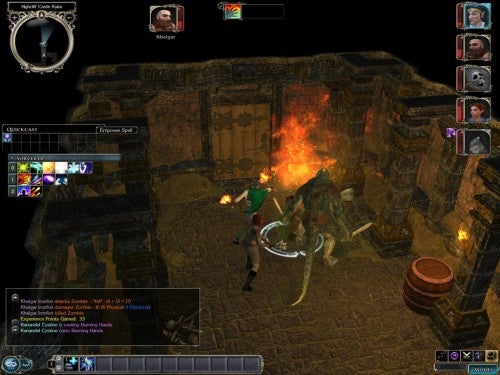 Screenshot of a Neverwinter Nights 2 gameplay moment showing a character engaged in combat inside a dungeon-like environment with a fire elemental and interface elements visible on the screen.