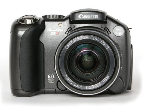 This image shows a Canon Powershot S3 IS digital camera positioned against a white background.