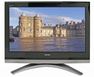 Toshiba Regza 32WLT68 32-inch LCD TV displaying an image of a historic castle with clear blue skies.
