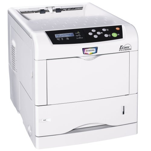 Kyocera Mita FS-C5015N color laser printer on a white background, showing the front panel with control buttons, display screen, paper tray, and branding logo.