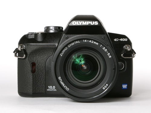 Olympus E-400 DSLR camera with a 14-42mm lens, 10.0 megapixel resolution, and the logo visible on the front.