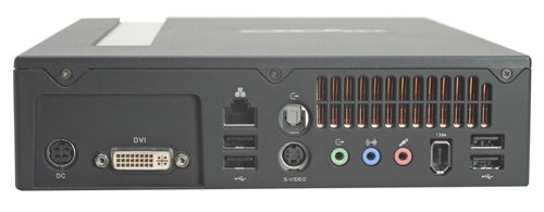Rear view of a Shuttle XPC X100 small form factor computer showing the various ports including DVI, USB, and audio jacks.