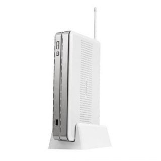 Asus WL-700gE NAS Appliance standing vertically on a white base with an antenna on the right side and multiple ports on the front.