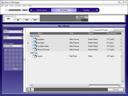 Screenshot of the SonicStage software interface showing the 'My Library' tab with a list of music albums and tracks, used to manage content for the Sony Network Walkman NW-S203F.