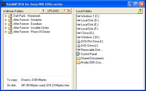 Screenshot of the VoidMP3FM software interface for the Sony NW-E00X series Walkman showing music folders in the application ready to be uploaded to the device alongside local computer folders.