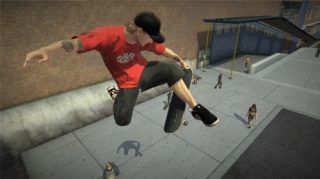 A screenshot from Tony Hawk’s Project 8 video game for Xbox 360 showing an in-game skater performing a trick on a skateboard with a virtual urban skatepark environment in the background.