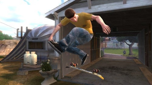 A screenshot from Tony Hawk's Project 8 video game showing a character performing a skateboarding trick in a suburban backyard setting with a house and trees in the background.