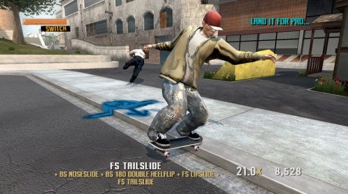 Screenshot from Tony Hawk’s Project 8 video game showing a character performing a frontside tailslide trick on a ledge, with trick combo points listed on the screen.