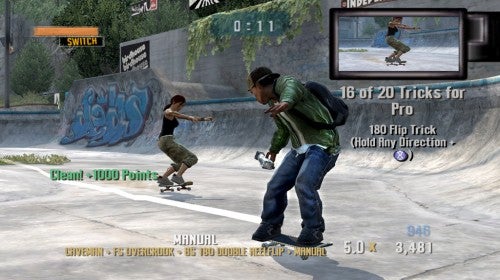 Screenshot of gameplay from Tony Hawk’s Project 8 for Xbox 360 showing two skaters in a skatepark, with one performing a trick and the game's HUD elements indicating a score and objectives.