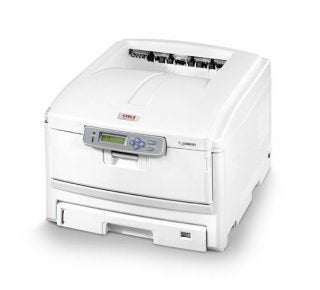 OKI C8600n A3 Colour LED Printer with an open paper output tray on a white background.
