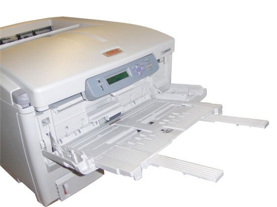 OKI C8600n A3 Colour LED Printer with open trays and cream-colored top.
