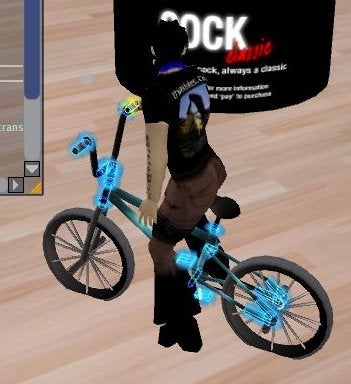 Avatar in Second Life standing with a customized virtual BMX bike that has glowing blue accents.