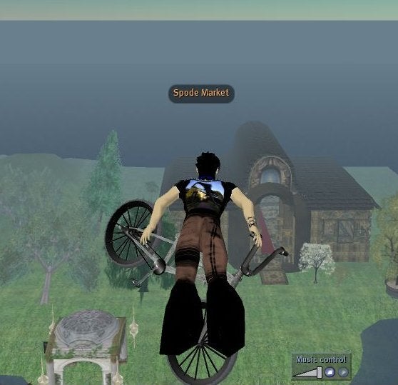 An avatar in Second Life holding a bicycle above their head while standing in front of a virtual building labeled 'Spode Market' with greenery surrounding the structure in a virtual environment.