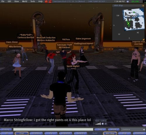 Screenshot of avatars interacting in the virtual world of Second Life, with a chat window visible displaying a user's humorous comment, and graphical user interface elements like a mini-map and menu options.