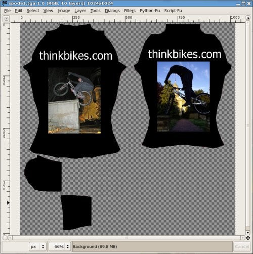 Editing template for black t-shirt design with thinkbikes.com logo and action image of a biker displayed on the front, shown in a graphics editing software interface.