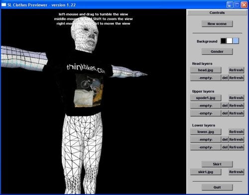 Screenshot of the Second Life Clothes Previewer application interface showing a 3D model of an avatar with a textured shirt and wireframe pants. The UI includes various control options such as scene settings, gender selection, background control, and layer management for customizing the avatar's clothing.