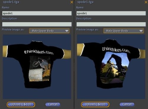 Screenshot of a Second Life interface showing a preview of a custom male upper body t-shirt with 